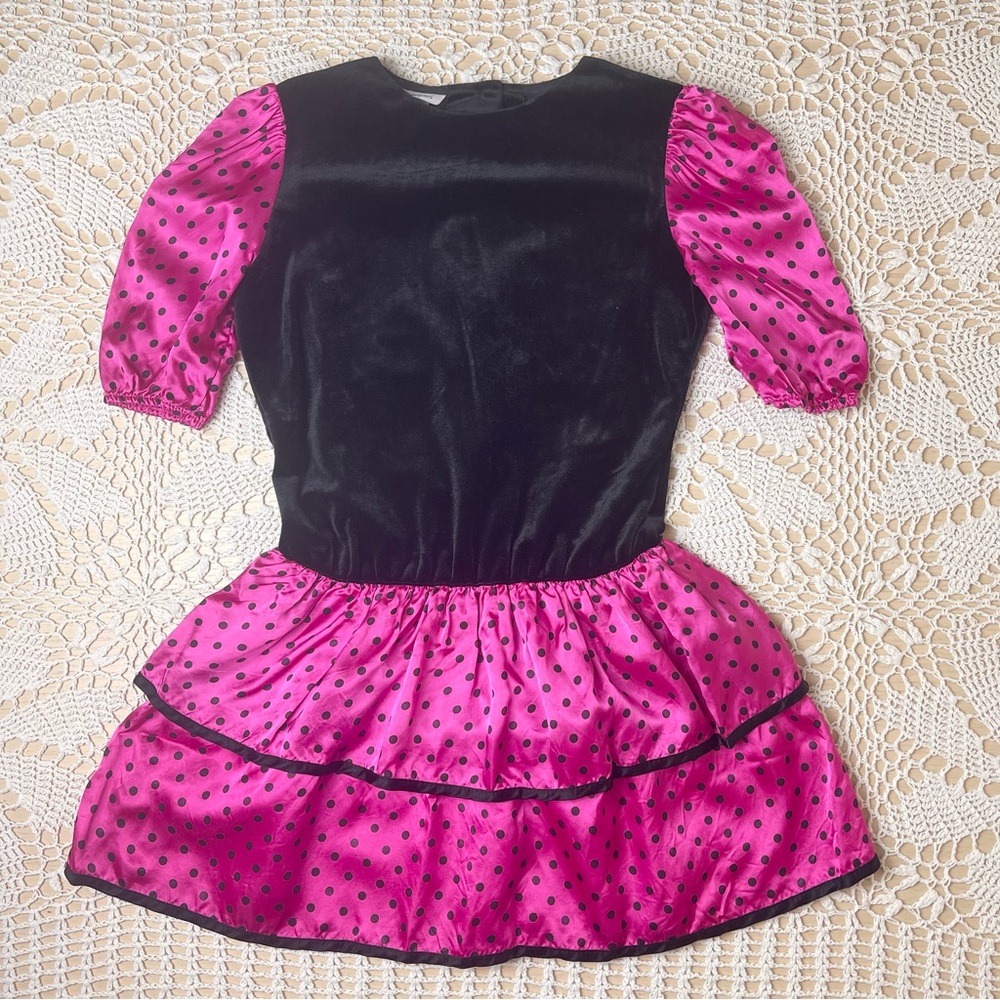 Vintage 1980s Fashionland Originals Girls 7 Magenta Polka Dot Black Party Dress
